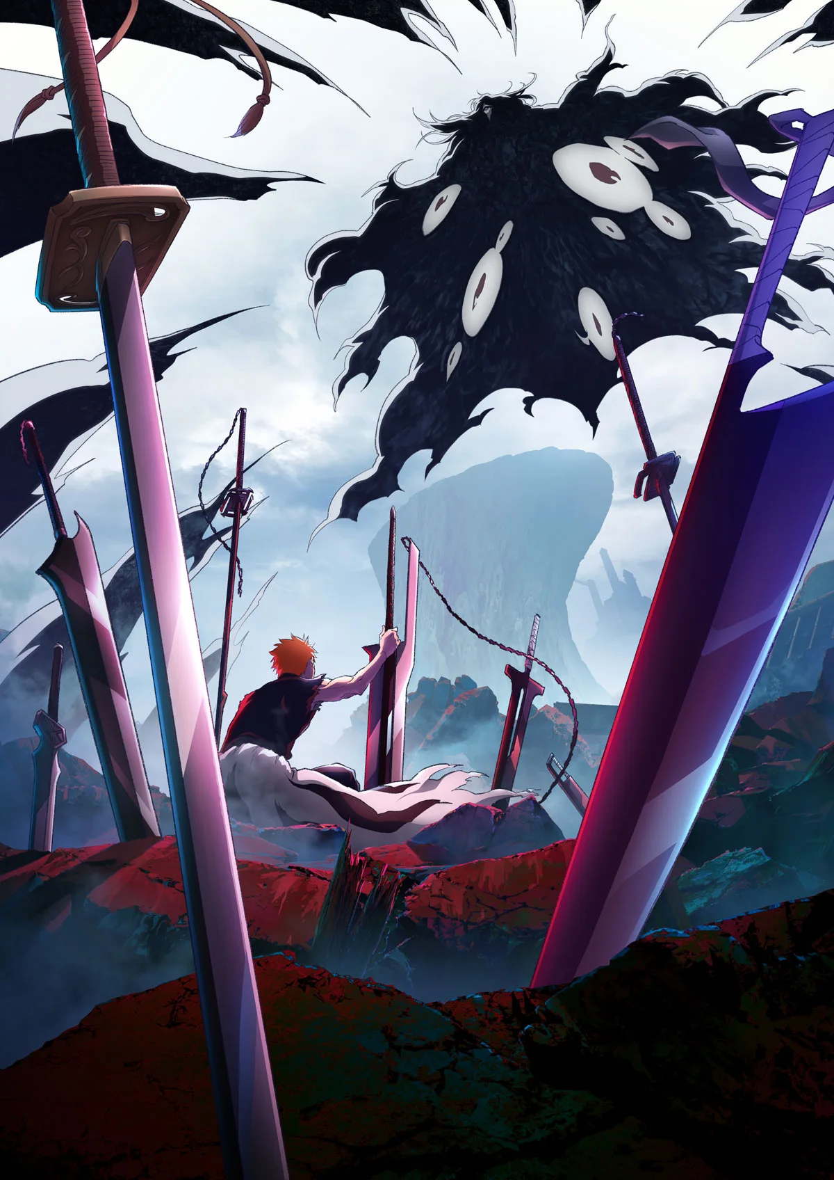 Ichigo facing a dark, many-eyed figure among swords in Bleach: Thousand-Year Blood War artwork.