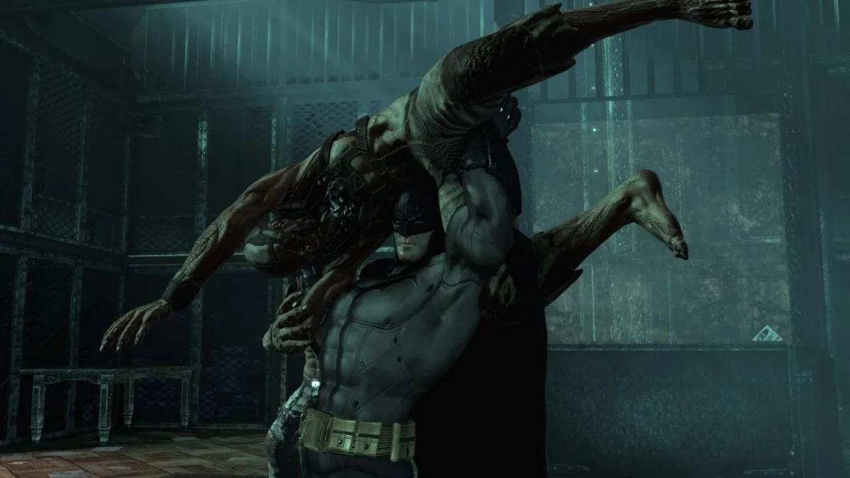 Batman carrying an opponent during combat in Batman: Arkham Asylum.