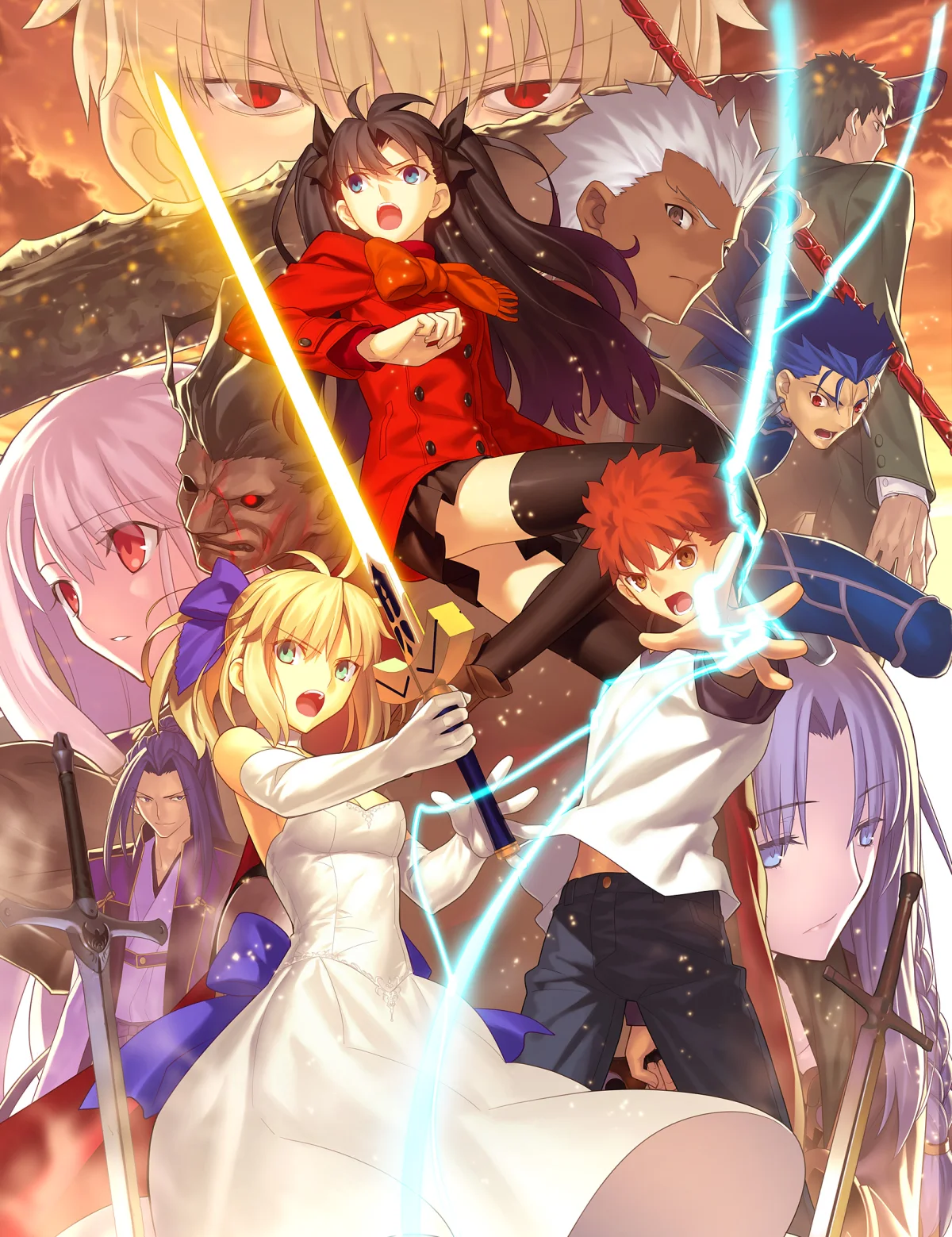 The ensemble cast of Fate/stay night: Unlimited Blade Works in official anime key art.