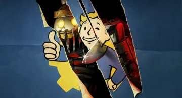 The Slasher tears through a Vault Boy poster in Fallout 76 promotional artwork.