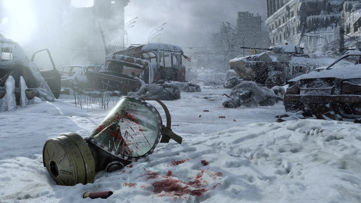 A gas mask in a snow-covered ruined street in Metro Exodus.