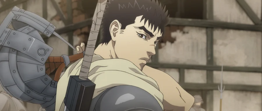 Guts carrying his sword in episode 1 of Berserk: The Golden Age Arc — Memorial Edition.