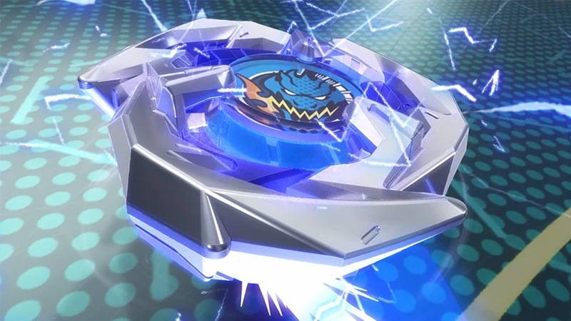 A blue-and-silver Bey spinning in a stadium in Beyblade X episode 1.
