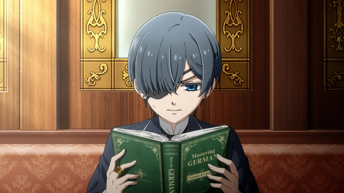 Ciel reading a German book in Black Butler: Emerald Witch Arc, episode 1.