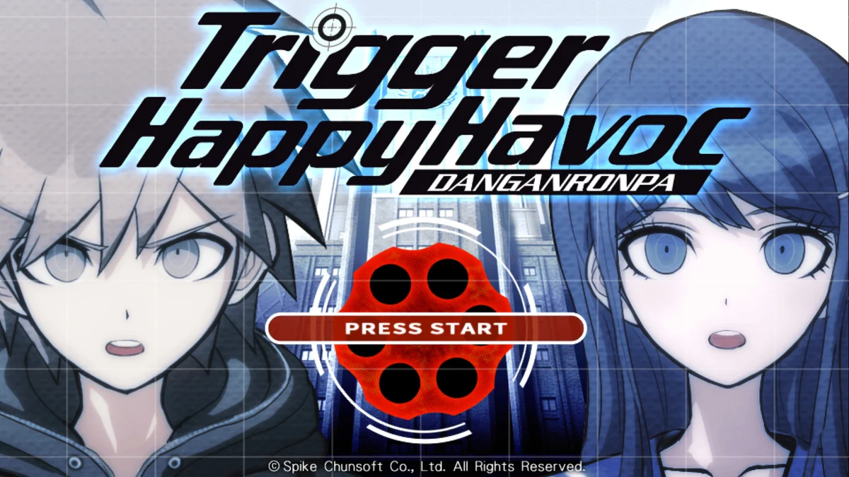 Title screen of Danganronpa: Trigger Happy Havoc with Makoto and Sayaka.