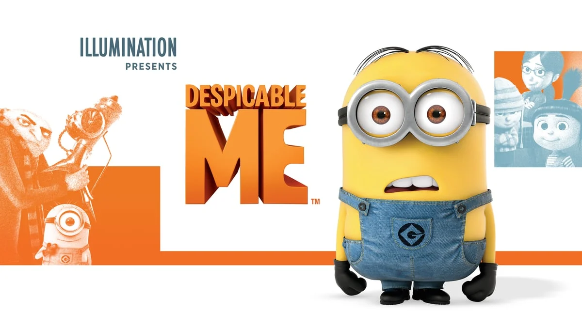 Despicable Me promotional artwork showing a Minion beside the film title.