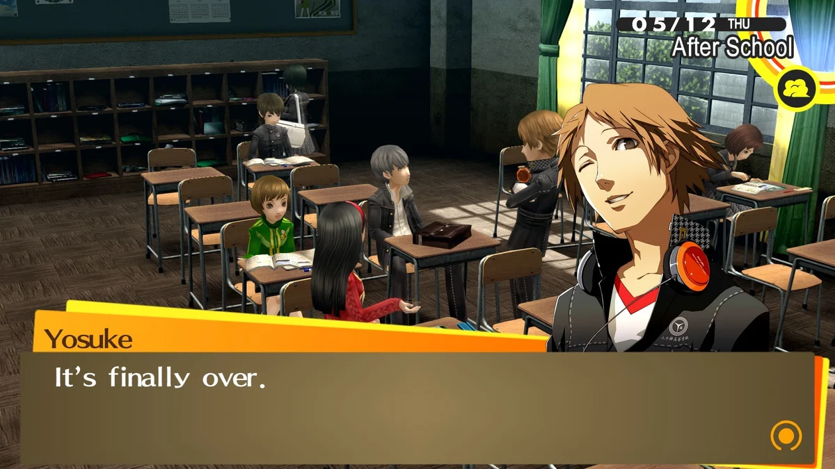 Yosuke and classmates in a classroom scene from Persona 4 Golden.