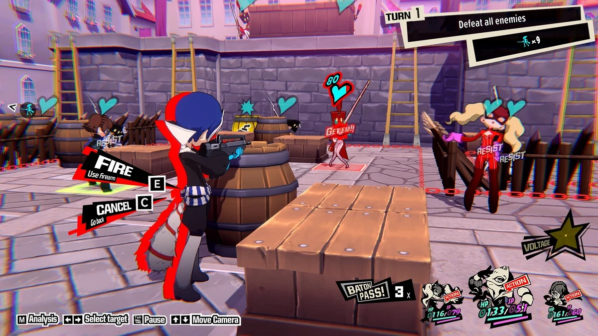 Joker aiming at enemies during a tactical battle in the Persona 5 Tactica base game.