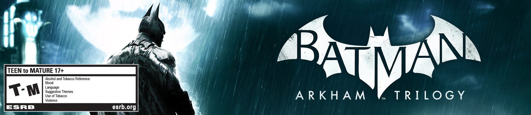 Batman in the rain alongside the Batman Arkham Trilogy logo.