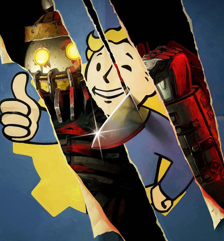 The Slasher cuts through a Vault Boy poster in Fallout 76 promotional artwork.