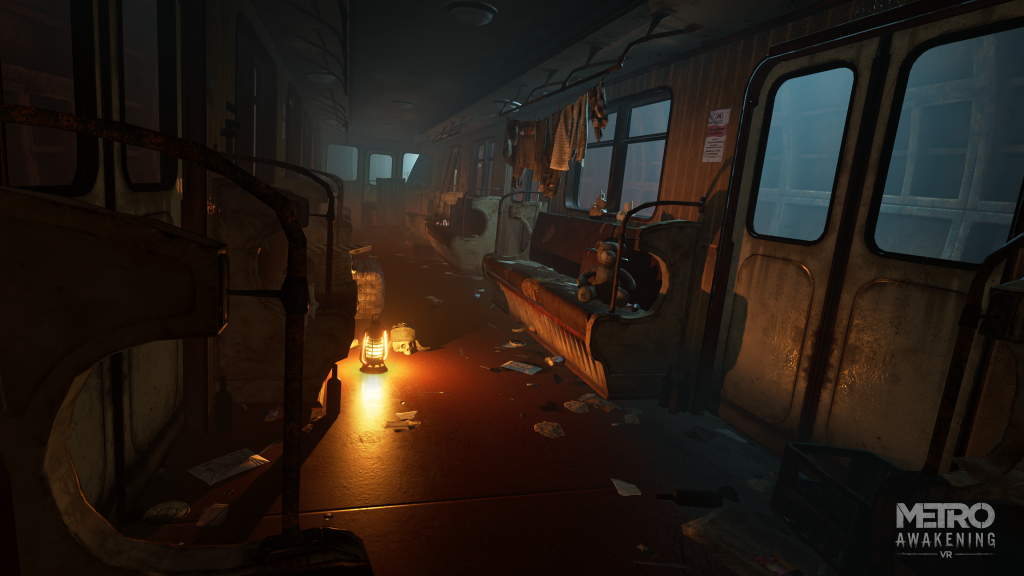 A lantern illuminates an abandoned train carriage in Metro Awakening.
