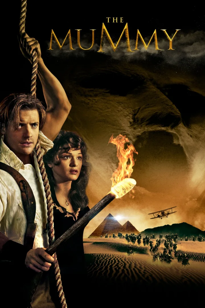 Rick and Evelyn beneath the title of The Mummy in the 1999 film poster.