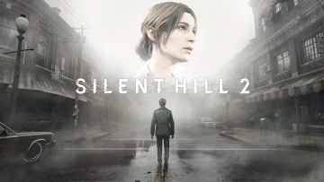 Silent Hill 2 promotional artwork showing James on a foggy street beneath Mary's portrait.