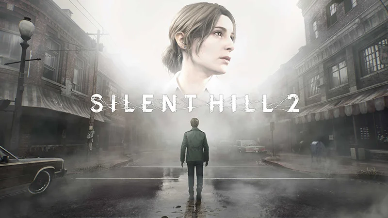 Silent Hill 2 promotional artwork showing James on a foggy street beneath Mary's portrait.