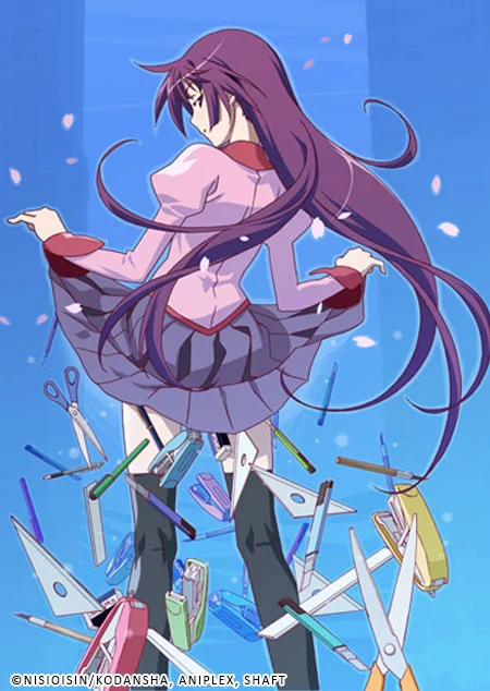 Bakemonogatari key visual of Hitagi Senjougahara surrounded by falling stationery.