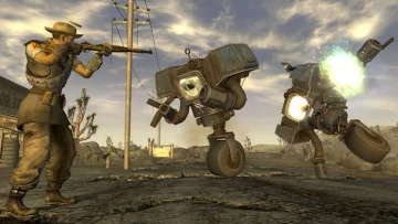An NCR soldier firing at Securitron robots in a Fallout: New Vegas screenshot.
