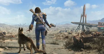 A Fallout 4 survivor and Dogmeat overlooking the wasteland near a Red Rocket station.