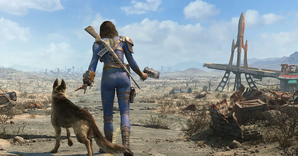 A Fallout 4 survivor and Dogmeat overlooking the wasteland near a Red Rocket station.
