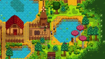 Four Stardew Valley farmers exploring and fishing together beside the forest pond.
