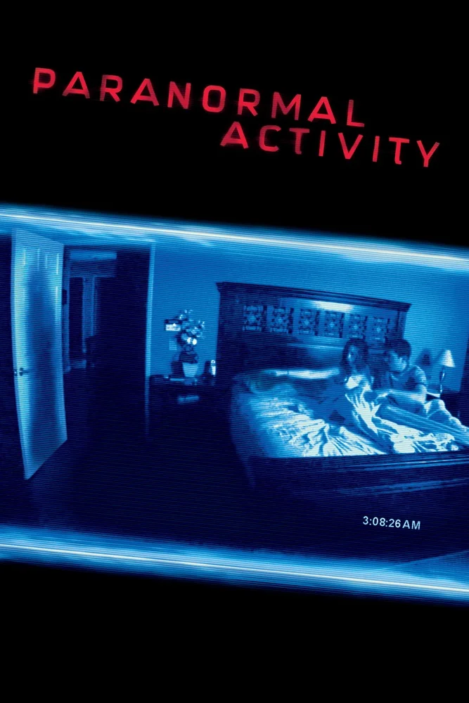 Paranormal Activity artwork showing Katie and Micah in a bedroom viewed through a night-vision camera.
