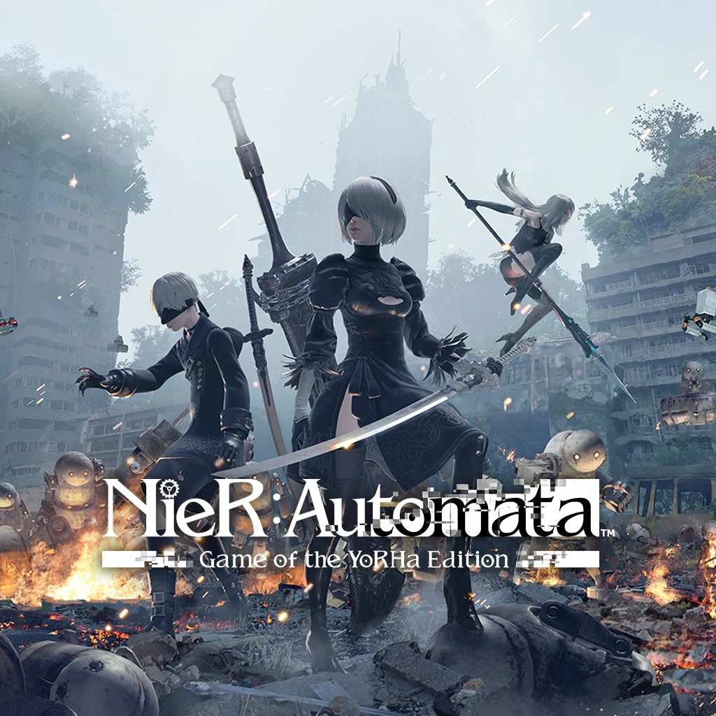 2B, 9S and A2 in the ruined city on Game of the YoRHa Edition artwork