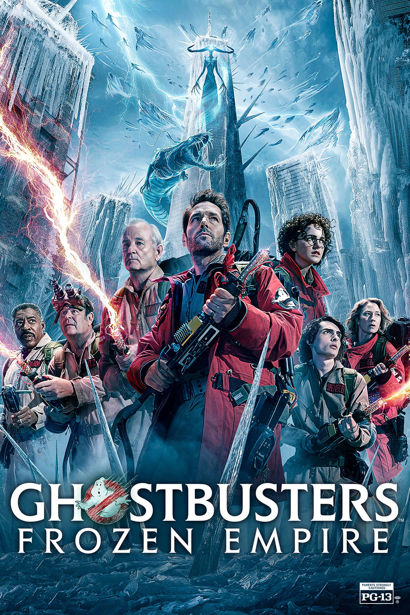 The Ghostbusters: Frozen Empire ensemble holds proton equipment against an icy New York backdrop in the official poster.